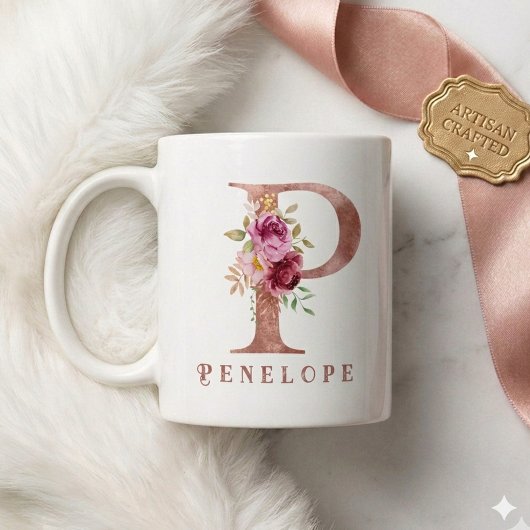 Personalisiertes Roségold-Blumen-Initial P Monogra Kaffeetasse