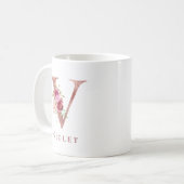Personalisiertes Roségold-Blumen-Initial V Monogra Kaffeetasse (Vorderseite Links)