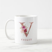 Personalisiertes Roségold-Blumen-Initial V Monogra Kaffeetasse (Links)