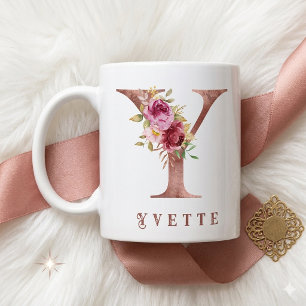 Personalisiertes Roségold-Blumen-Initial Y Monogra Kaffeetasse