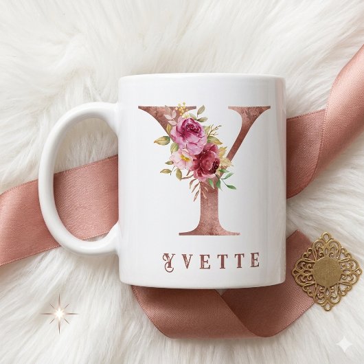 Personalisiertes Roségold-Blumen-Initial Y Monogra Kaffeetasse