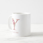 Personalisiertes Roségold-Blumen-Initial Y Monogra Kaffeetasse (Vorderseite Links)