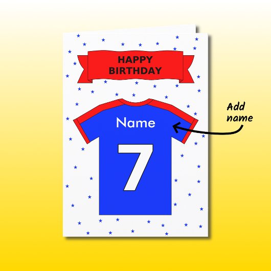 personalisiertes Rot-Blau-Shirt zum 7. Geburtstag Karte