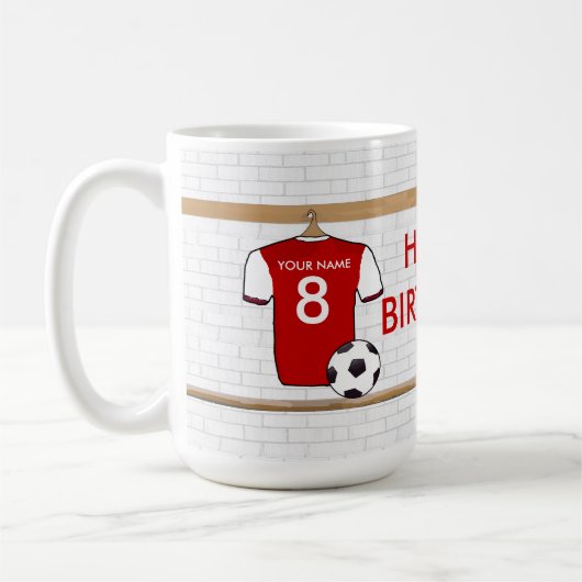 Personalisiertes Rot mit weißem Fußball-Fußball Kaffeetasse (Links)