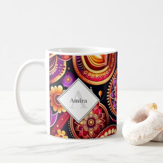 Personalisiertes Rot und Lila Diyas & Rangoli Diwa Kaffeetasse (Mit Donut)