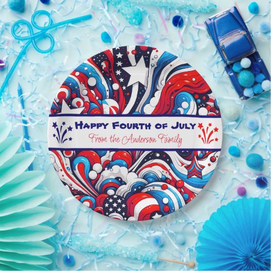 Personalisiertes Rot, Weiß und Blau Pappteller (Party)