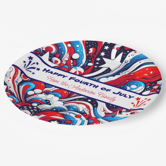 Personalisiertes Rot, Weiß und Blau Pappteller (Schrägansicht)