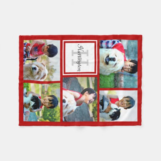 Personalisiertes Rotes Foto Collage Mit Monogramm Fleecedecke (Vorderseite (Horizontal))