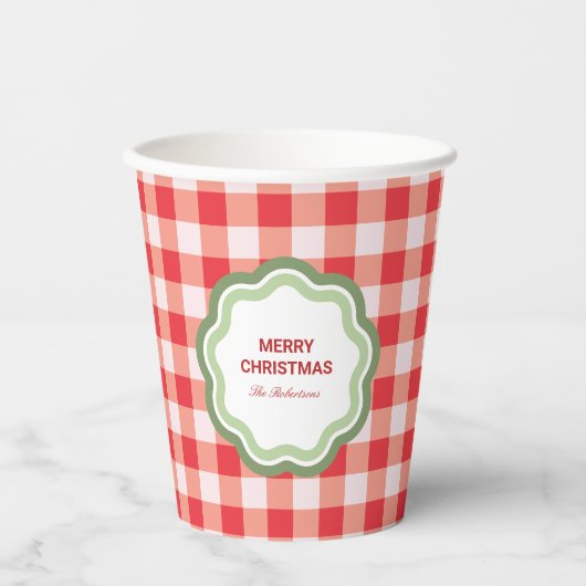 Personalisiertes rotes Gingham mit wellenförmigem Pappbecher (Vorderseite)