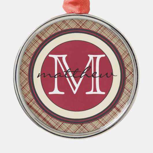 Personalisiertes rotes kariertes Monogramm Ornament Aus Metall (Vorne)