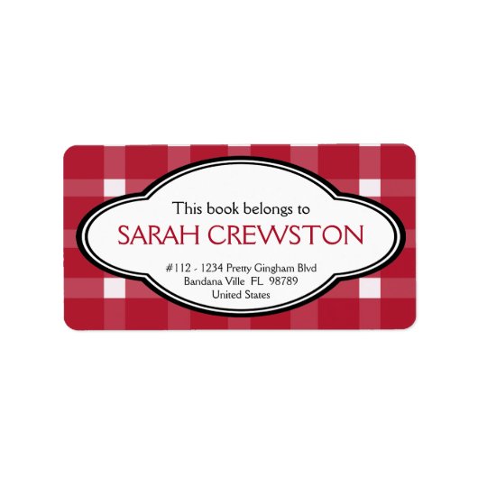 Personalisiertes Rotes Land Gingham Print Buchzeic Adressaufkleber (Vorne)