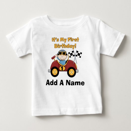 Personalisiertes rotes Rennen-Auto-1. Baby T-shirt (Vorderseite)