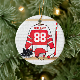 Personalisiertes rotes und weißes Eis-Hockey Keramik Ornament