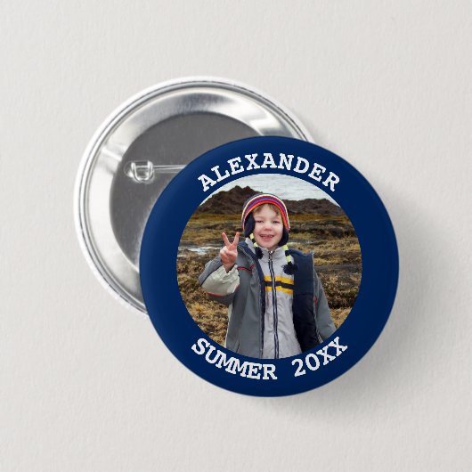 Personalisiertes Round Family Foto Navy Blue Button (Vorne & Hinten)