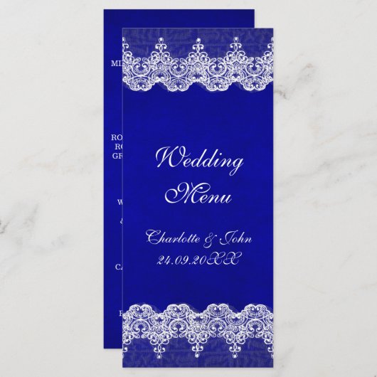 Personalisiertes Royal Cobalt Lace Wedding Menu Menükarte (Vorne/Hinten)