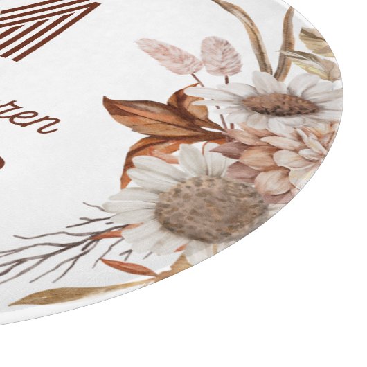 Personalisiertes rustikales Boho Floral Monogram Schneidebrett (Ecke)