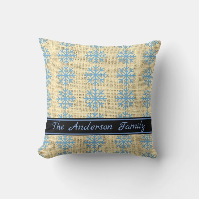Personalisiertes Rustikales Burlap Blue Snowflake  Kissen (Vorderseite)