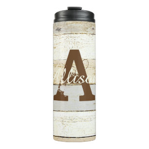 Personalisiertes rustikales Holz und Buchstabe Thermosbecher