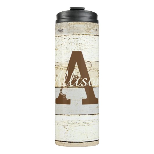 Personalisiertes rustikales Holz und Buchstabe Thermosbecher (Vorderseite)