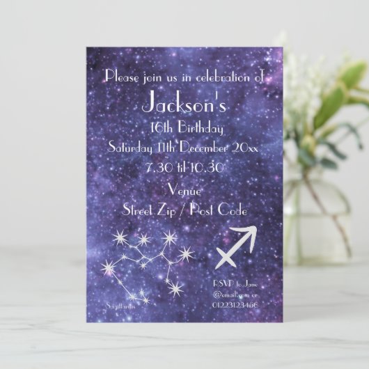 Personalisiertes Sagittarius Zodiac Galaxy Party Einladung (Stehend Vorderseite)