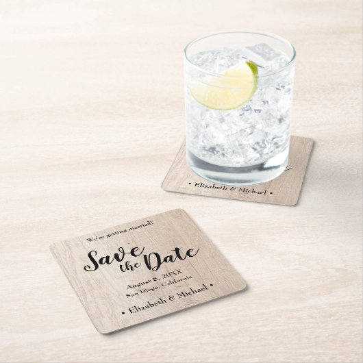 Personalisiertes Save the Date bedrucktes Holz Rechteckiger Pappuntersetzer (Vor Ort)