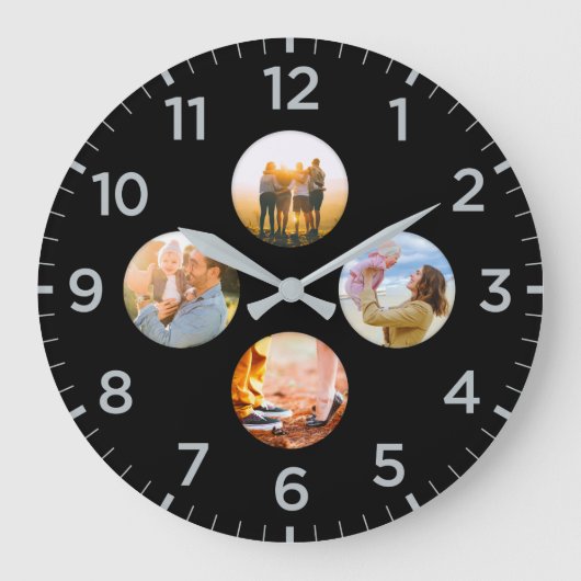 Personalisiertes Schwarz-4-Kreis-Foto-Schatteneinl Große Wanduhr (Vorderseite)