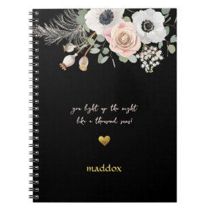 Personalisiertes Schwarz & Florales Rosa Notizblock