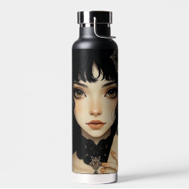Personalisiertes Schwarz-Gold-Gotik-Anime-Mädchen Trinkflasche
