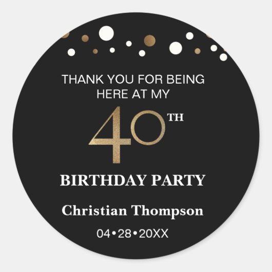 Personalisiertes Schwarz-Gold-Thema, 40. Geburtsta Runder Aufkleber (Vorderseite)