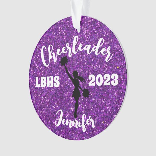 Personalisiertes Schwarz & Lila Cheerleader Orname Ornament (Vorderseite)