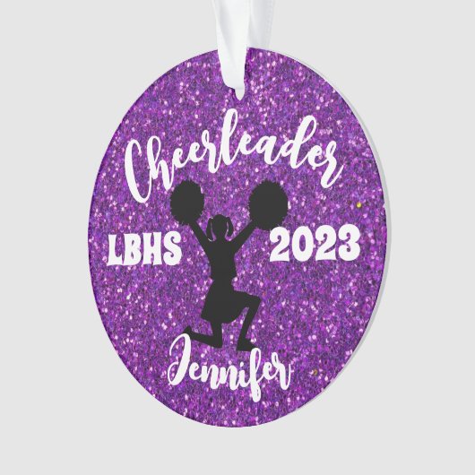 Personalisiertes Schwarz & Lila Cheerleader Orname Ornament (Vorderseite)