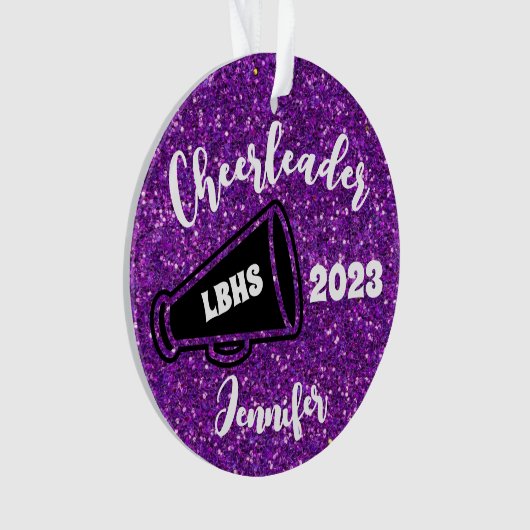 Personalisiertes Schwarz & Lila Cheerleader Orname Ornament (Vorderseite)
