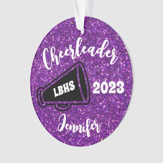 Personalisiertes Schwarz & Lila Cheerleader Orname Ornament (Vorderseite)