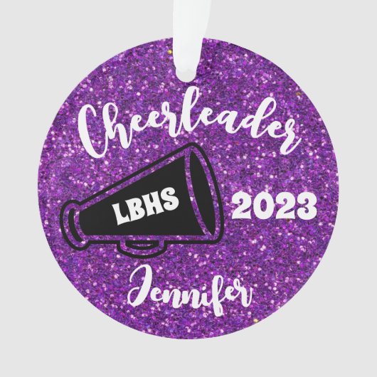 Personalisiertes Schwarz & Lila Cheerleader Orname Ornament (Vorderseite)