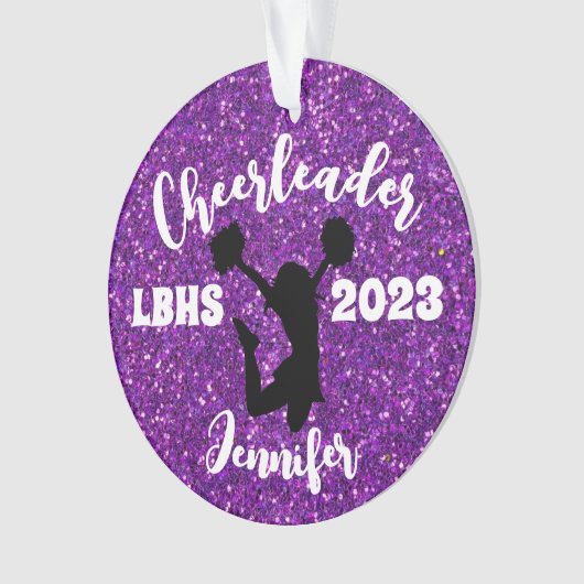 Personalisiertes Schwarz & Lila Cheerleader Orname Ornament (Vorderseite)