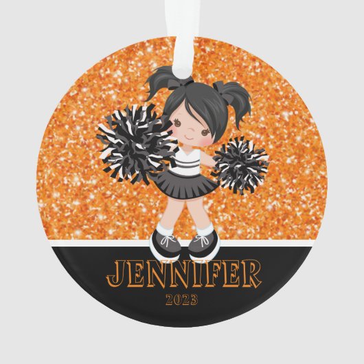 Personalisiertes Schwarz & Orange Cheerleader Orna Ornament (Rückseite)