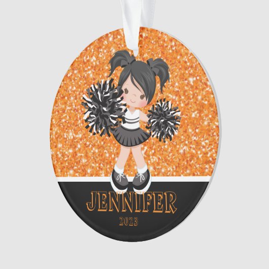 Personalisiertes Schwarz & Orange Cheerleader Orna Ornament (Vorderseite)