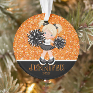 Personalisiertes Schwarz & Orange Cheerleader Orna Ornament
