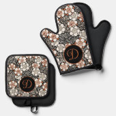 Personalisiertes Schwarz-Rot-Flora-Muster Ofenhandschuh & Topflappen-Set (Vorderseite/Rückseite)
