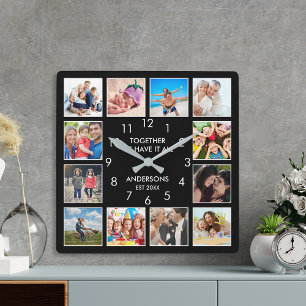Personalisiertes Schwarz-Schwarz-FotoCollage für b Quadratische Wanduhr