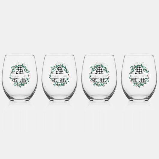 Personalisiertes Schwarz-Weiß-Buffalo Kariert (A) Weinglas Ohne Stiel (Hinten)