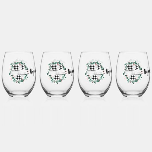 Personalisiertes Schwarz-Weiß-Buffalo Kariert (Y) Weinglas Ohne Stiel (Vorderseite)