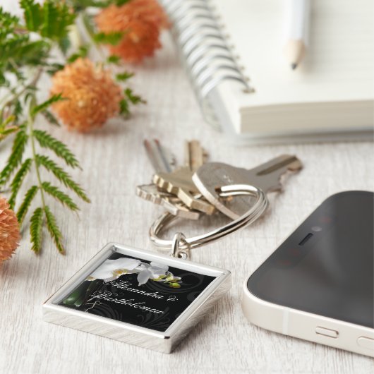 Personalisiertes Schwarz-Weiß-Orchid-Design Schlüsselanhänger (Seite)