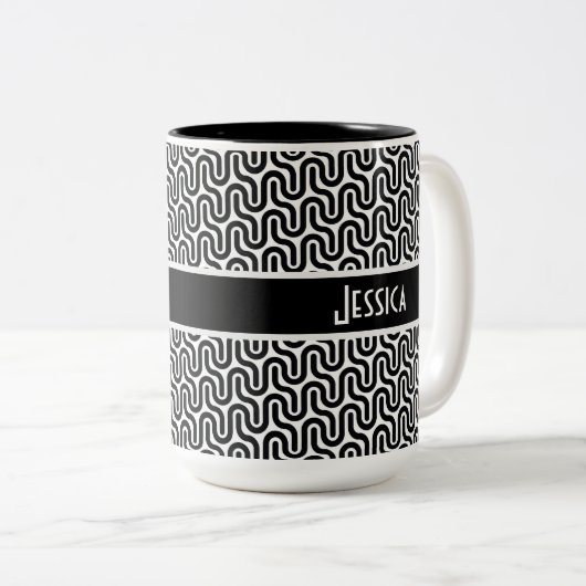 Personalisiertes Schwarz-Weiß-Retro-Muster Zweifarbige Tasse (VorderseiteRechts)