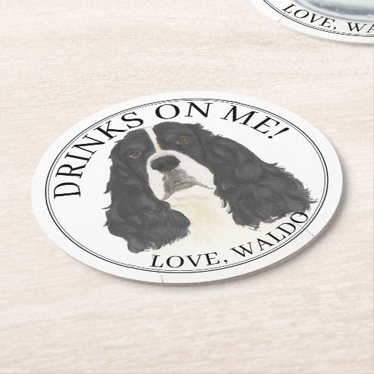 Personalisiertes Schwarz-weißes Englisch Springer Runder Pappuntersetzer (Angewinkelt)