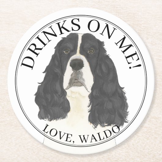 Personalisiertes Schwarz-weißes Englisch Springer Runder Pappuntersetzer (Vorderseite)