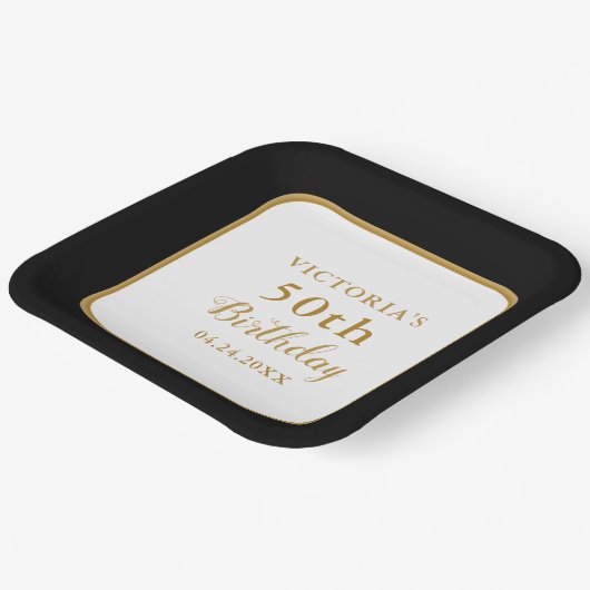 Personalisiertes Schwarz-weißes Gold 50. Geburtsta Pappteller (Gewinkelt)
