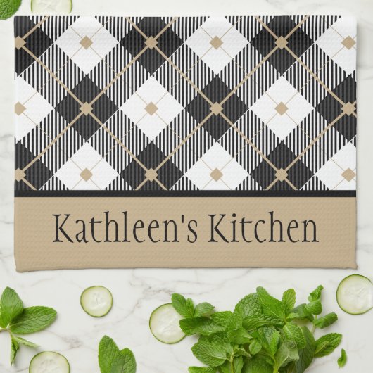 Personalisiertes Schwarz-weißes Gold Kariert Buffa Geschirrtuch (Gefaltet)