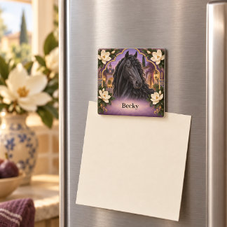 Personalisiertes Schwarzes Andalusier Pferd Lila Magnet