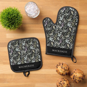 Personalisiertes schwarzes botanisches Aquarellmus Ofenhandschuh & Topflappen-Set